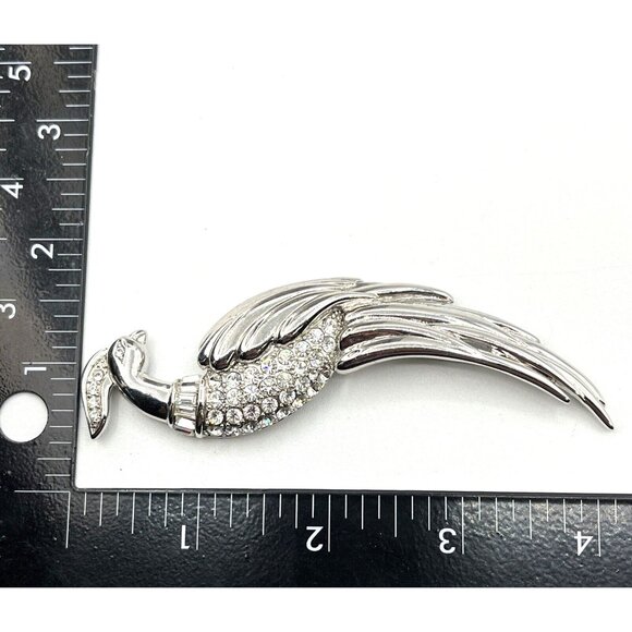 Vintage MONET Figural Bird of Paradise Baguette Rhinestone Silver Tone Brooch 4" - Picture 6 of 10